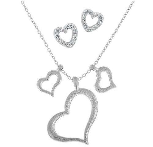 Elegant Silver Plated Tripple Heart Pendant Necklace & Crystal Heart Shaped Earrings