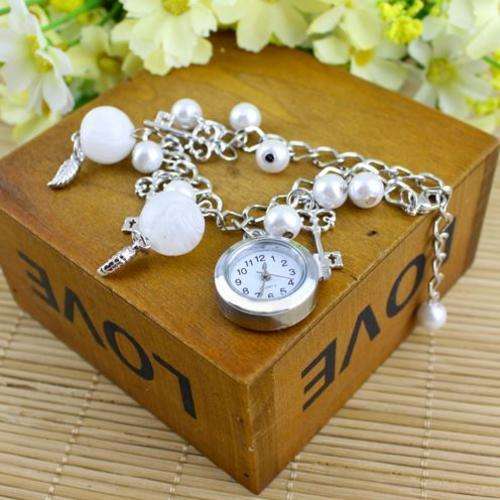 Elegant Silver Ladies Charm Bracelet Wrist Watch