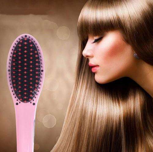 Professional Electric Hair Straightener Brush & Scalp Messaging Features in PINK