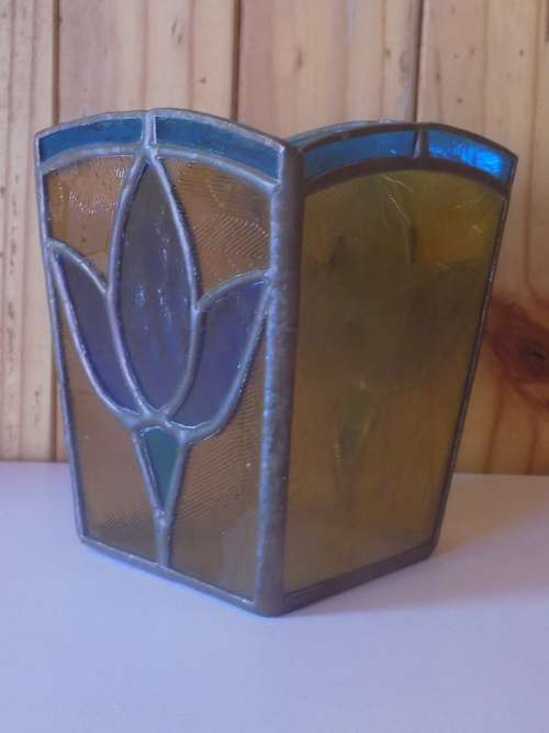 Vintage Copper & Stained Patterned Glass Vase