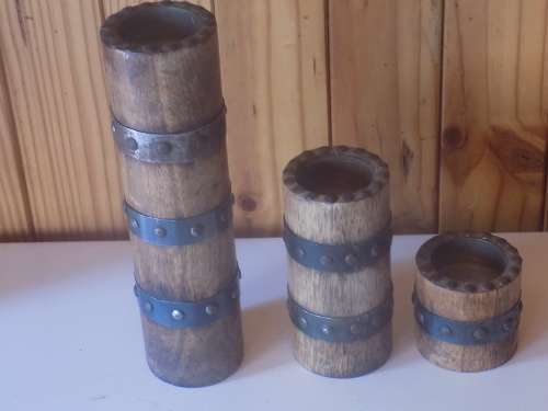 Set of Vintage Oak with Studded Metal Bindings Tea Candle Holders