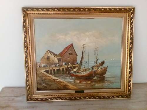 Large Oil Painting of Boats by Boat House