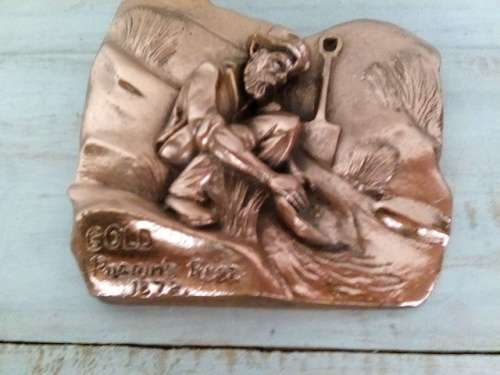 Two Dimensional Copper Plaque of Miner Panning for Gold in Pilgrim's Rest