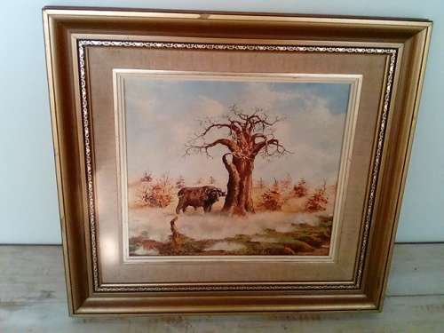 Vintage Oil Painting of Buffalo by Boabab Tree in Deep Frame