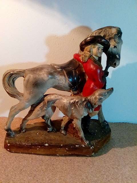 Very Old Victorian Style Horse, Hound & Rider Stoneware Figurine with Defects (Ref 122)