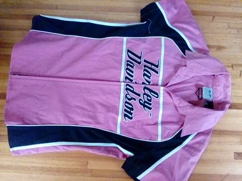 Ladies Pink & Black Harley Davidson Shirt Size L - 98% Cotton 2% Spandex