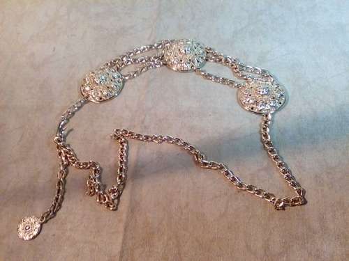 Impressive Gold Tone Solid Chain with Decorative Attachments Belt