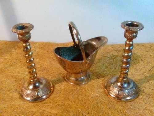 Two Metal Candle Holders & a Solid Brass Container with Slight Defects
