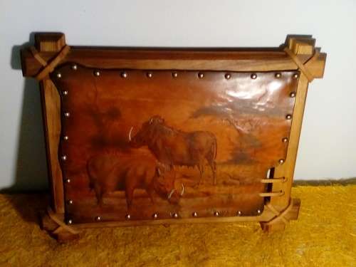Great Find* Bill Dreyer Warthogs in the Wild Art on Genuine Leather in Superb Frame