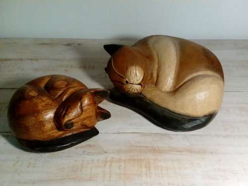 Pair of Sleeping Cats Carved from Exotic Wood - Nice Sizes