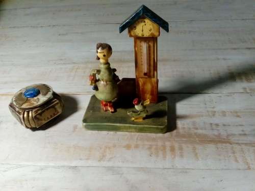 Old Bone & Copper Type Trinket Holder & Wooden Ornament with Thermometer