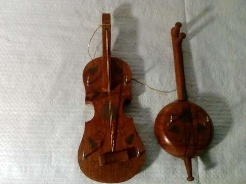 (Ref 323) Two Exotic Wood with Metal Inlays Musical Instrument Shaped Wall Hangings from India