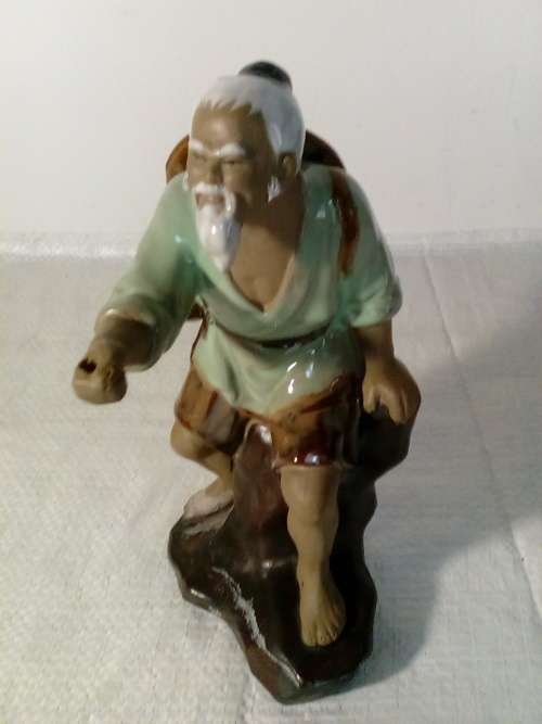 Good Size Glazed Clay Oriental Fisherman Figurine