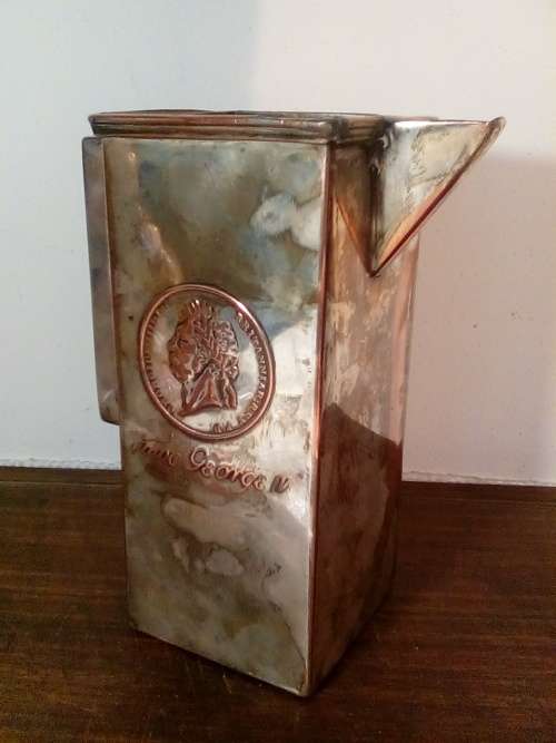(Ref 235) Antique Silver-plate over Copper Hand Forged Jug Commemorating King George IV