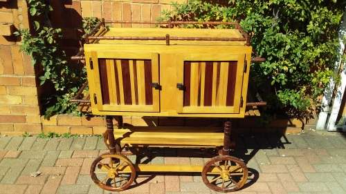 Large Unique Wooden Drinks Trolley with Wooden Wheels