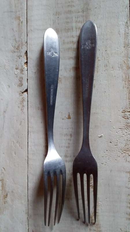 Two Rostfrei FBCM 42 Forks with German Nazi SS Emblem Inscribed