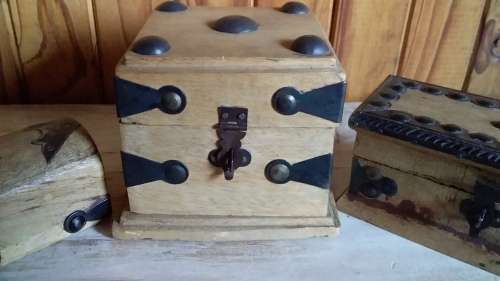 Three Carved Wooden Boxes with Metal Attachments