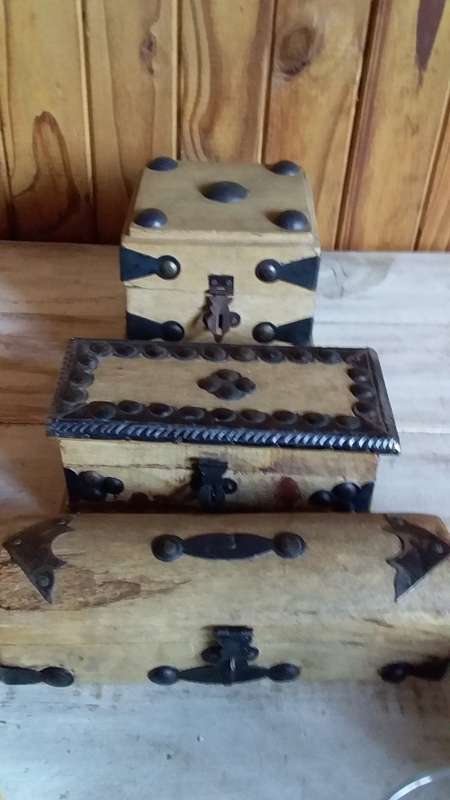 Three Carved Wooden Boxes with Metal Attachments