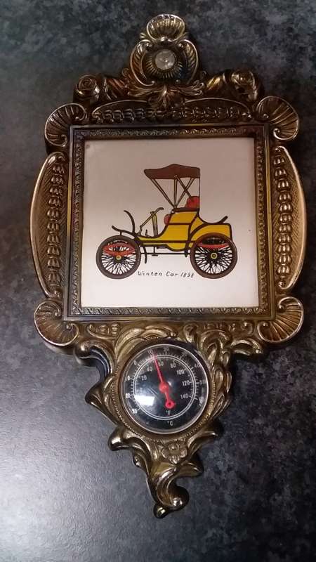 Vintage Car Tile in Decorative Frame with Thermometer