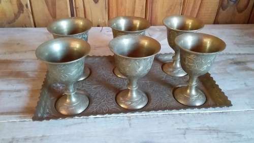 Small Brass Tray with Six Goblets