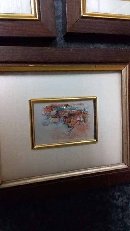 Five small frames with miniature art - not vintage
