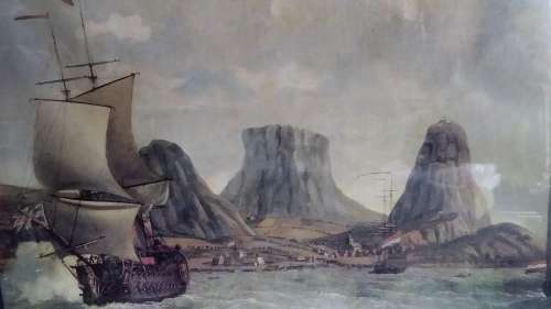 Litho print of British Warship arriving at the Cape in 1759