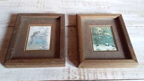 Two Miniature Animal Prints in Old Wood Frames