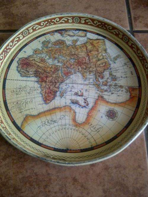 Old Metal Round Tray with Vintage World Map