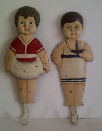 Adorable Vintage Style Rust Effect Boy & Girl at the Beach with Hooks