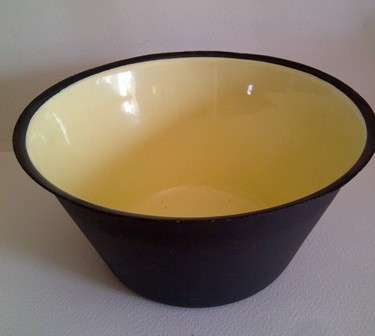 Large Solid Yellow Enamel Pot with What appears to be a Light Cast Metal Casing