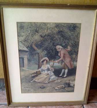 Large Vintage Signed Print of Couple Enjoying a Picnic (Postage R65)
