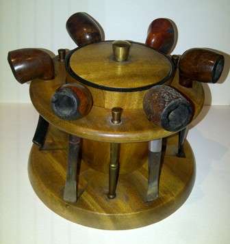 Solid Oak Pipe Stand with Tobacco Holder & Six Old Pipes