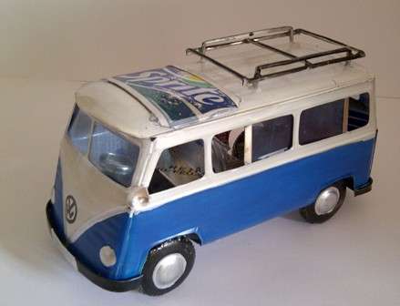 Hand Crafted Metal Tin Replica of a Blue & White Combi