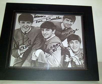 Framed Print of the BEATLES with Copies of Signatures on Canvass Type Surface