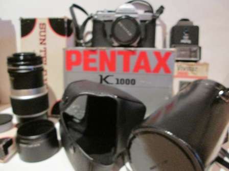 Pentax K1000 Camera plus Sun Tele YS-20 200mm Lens & Vivitar Flash