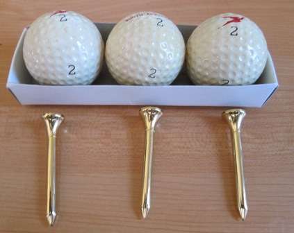 Three South African Airways Golf Balls & Three Gold Plated Tees