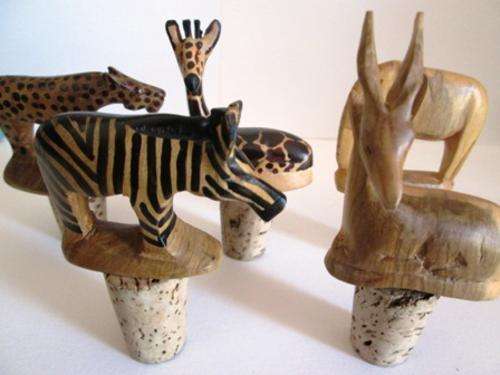 Set of Five Carved Wooden Animals with Cork Bottle Stoppers