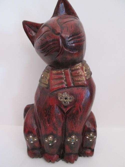 Nice Size Wooden Carved Cat with a Bit of Bling