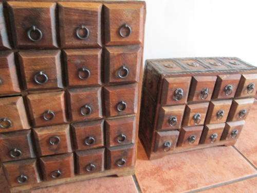 Exquisite Pair of Wooden Multi Drawer Cabinets with Metal Overlays - Late Entry