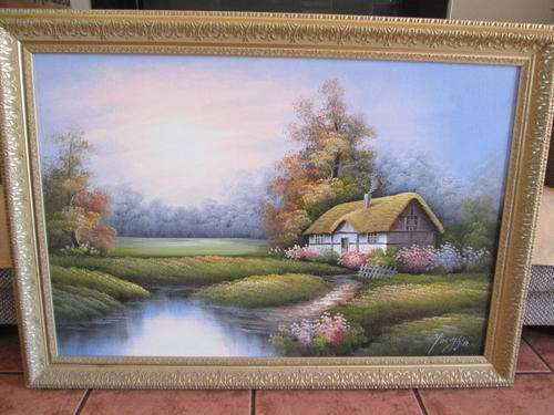 Large Cottage by Lake Oil Painting - Collection Only