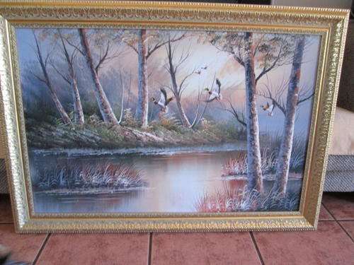 Large Oil Painting of Wild Geese by Forest Lake - Collection Only