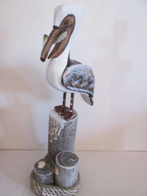 Gorgeous Wooden Fish Eating Pelican on Stand Decor Piece