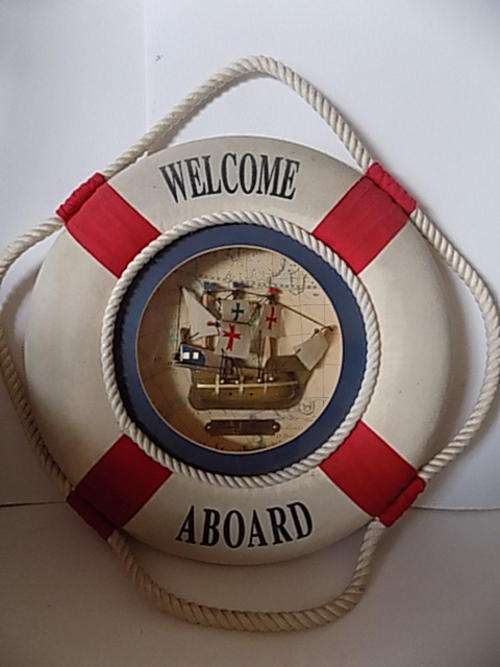 Material Covered Nautical Design Wall Hanging with 3D Ship in the Center