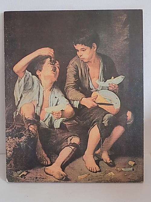 Vintage Print on Board of Boys Eating Fruit