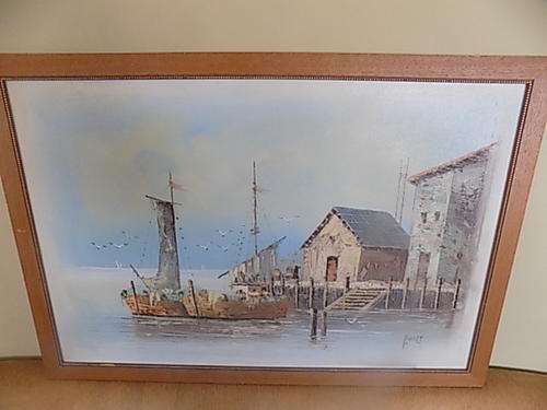 Superb Large Dock Side Signed Oil Painting by ROBERT
