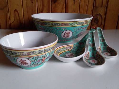 Five Piece Chinese Set - Large Bowl. Small Bowl. Three Spoons