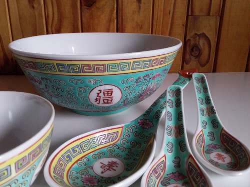 Five Piece Chinese Set - Large Bowl. Small Bowl. Three Spoons