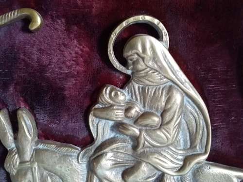 Vintage Framed Brass 2D Impression of Joseph Leading Mule with Mary and Child