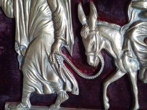 Vintage Framed Brass 2D Impression of Joseph Leading Mule with Mary and Child