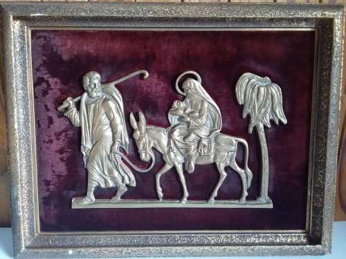 Vintage Framed Brass 2D Impression of Joseph Leading Mule with Mary and Child
